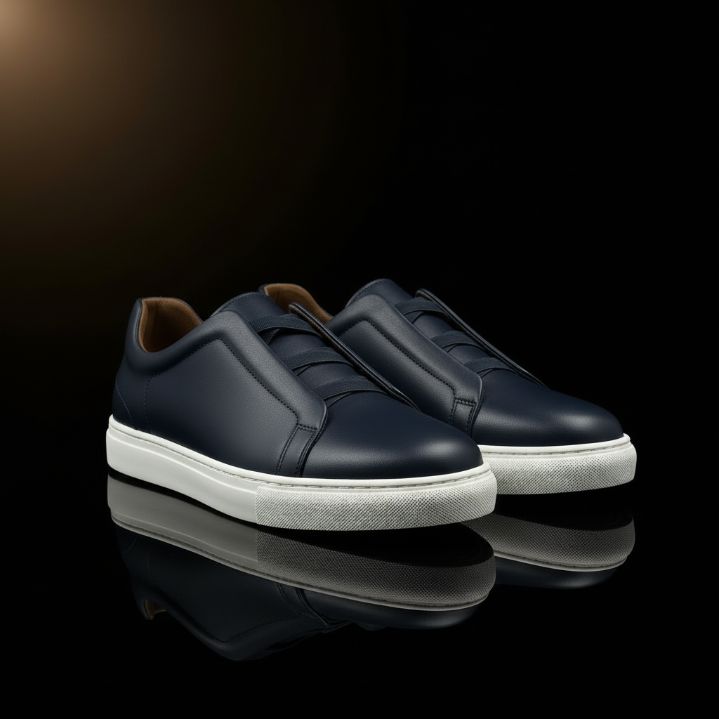 Sneaker Urban bleu marine vue avant avec fond style Derby Brogu